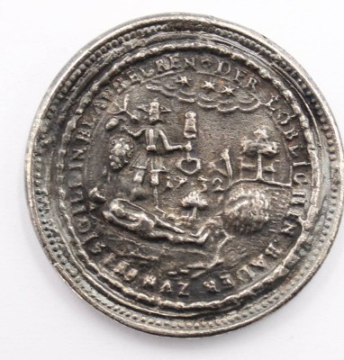 Auktion 364<br>Blaubeuren, späterer Abguß des Siegels der Baderzunft von 1732, Siegel der Chirurgen, ss, Silber, 41 mm, 38 g [1]