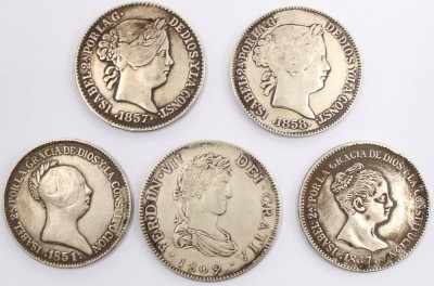 Auktion 364<br>5x 20 Reales, Spanien, von 1806-1858, Silber, 130,2 gr. [1]