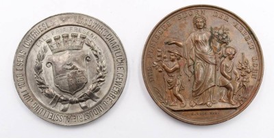 Auktion 364<br>2x Verdienstmedaillen, Landwirtschaft, Bronze und Zinn (diese Ostfriesland 1906) [1]