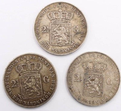 Auktion 364<br>3x 2 1/2 Gulden, Niederlande 1848/51/1874, D-4 cm, 74,5 gr [1]
