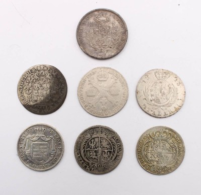 Auktion 364<br>7 alte Silbermünzen, 1x Peru, wohl 5x Sachsen, ab ca. 1790 und 1x Hamburger Current Geldt 1727, [1]