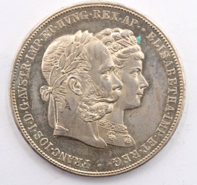 Auktion 364<br>2 Gulden 1879 - Franz Joseph I und Sissi. - Jubiläum der Silberhochzeit, D-3,5 cm, ca. 25 gr. [1]