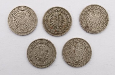 Auktion 364<br>5x 20 Pfennig, Deutsches Reich um 1890 (38) [1]