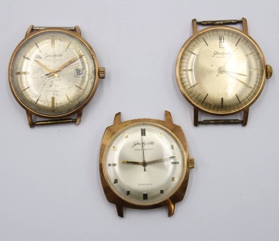 Auktion 364<br>3x div. Vintage-Armbanduhren, Glashütte, 2x Spezimatic (1x läuft), 2x Werke defekt, ca. D-3,6cm, Tragespuren [1]