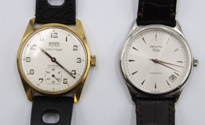 Auktion 364<br>2x div. Vintage-Herren-Armbanduhren, BWC Courage Handaufzug (läuft) und Zenith Elite Automatic (läuft), je in guten Zustand, ca. D-3,5cm [1]