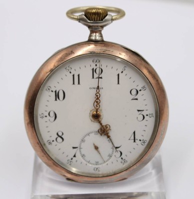 Auktion 364<br>Taschenuhr um 1900, OMEGA, 800er Silbergehäuse, Kronenaufzug, Werk läuft, D-4,5cm [1]