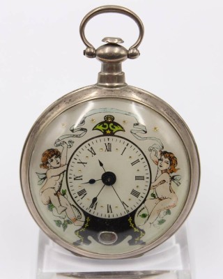 Auktion 364<br>Taschenuhr für chinesischen Markt, Schweiz um 1880, Silbergehäuse, Zifferbl. m. röm. Zahlen, Scheinpendel, Schlüsselwerk läuft, D-5cm [1]
