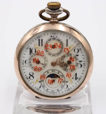 Auktion 364<br>Taschenuhr mit Kalender und Mondphase, um 1920, Silbergehäuse, Kronenaufzug, Werk defekt, D-4,5cm [1]