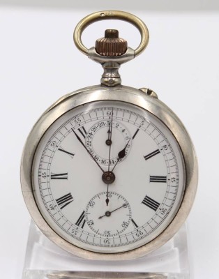 Auktion 364<br>Taschenuhr mit Stopfunktion, versilbert, Kronenaufzug, Werk läuft, gute Erhaltung, D-4cm [1]