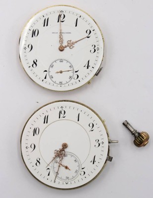 Auktion 364<br>2x Taschenuhrenwerke, 1x Union Hologeré Krone fehlt, Werk nicht geprüft, 1x ungemarkt Werk läuft, ca. D-4,5cm [1]