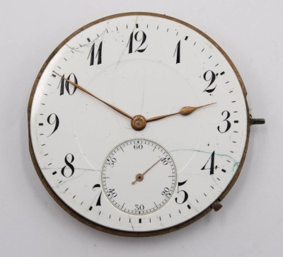 Auktion 364<br>Taschenuhr-Werk, IWC, Krone fehlt, nicht geprüft, Ziffernblatt gerissen, D-4,4cm [1]