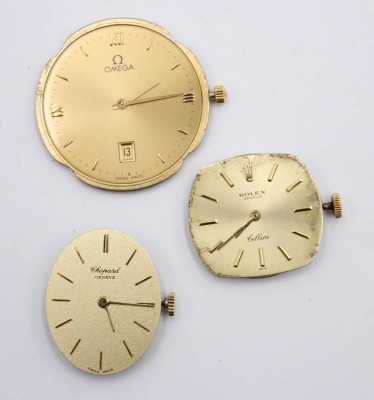 Auktion 364<br>3x div. Uhrwerke für Damenuhren, OMEGA Quarz, Chopard (läuft) und ROLEX Cellini (läuft), Größte ca. D-2,8cm bis 2,2cm [1]