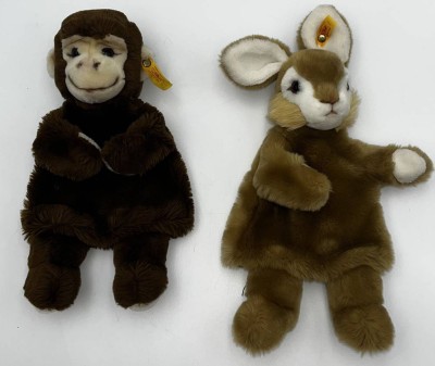Auktion 364<br>Stoff-Handpuppen, 2x Steiff, 1x Affe & 1x Hase, K+F, H: 31cm & 37cm [1]