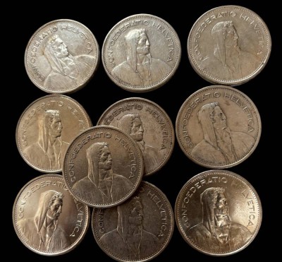 Auktion 364<br>10x5 Franken Münzen, Schweiz, wohl alle Silber, ca. 150 gr. [1]