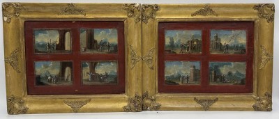 Auktion 364<br>anonym, 2 Rahmen mit insgesamt 8 Miniatur-Gemälden Öl/Holz, wohl Anfang 19.Jhd?, RG 26x31 cm, Gemälde je ca. 6x9 cm^, 1x verso alter Zeitungsausschnitt, nur 