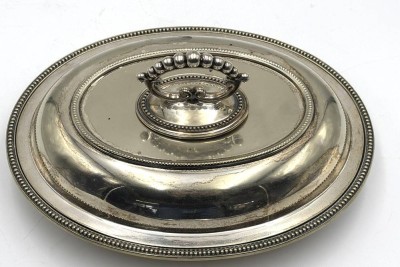 Auktion 364<br>gr. Warmhalteschale, plated, Deckel mit Wechselgriff, gute Erhaltung, 30x23 cm, schwere Qualität [1]