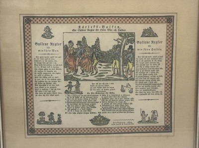 Auktion 364<br>schwedische Druckgrafik aus dem Jahr 1834 mit dem Titel „Kärleks-Balken, eller Gyllene Reglor för Gifta Män och Hustrur“ (Der Liebesbalken, oder goldene Regeln für verheiratete Männer und Ehefrauen). [1]
