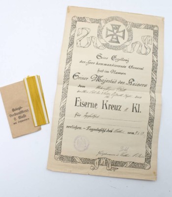 Auktion 364<br>Urkunde für da Eiserne Kreuz 2. Kl., 1. WK, sowie Verleihungstüte für KVK 2. Klasse mit Schwertern [1]