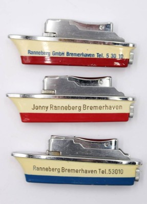 Auktion 364<br>3x Werbefeuerzeug in Schiffsform, Ranneberg Bremerhaven, je L-8cm [1]