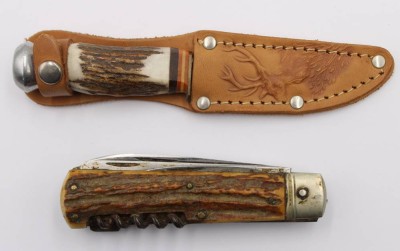 Auktion 364<br>kl. Jagdmesser sowie jagdl. Taschenmesser, je Geweihgriffschalen, ca. L-16cm [1]