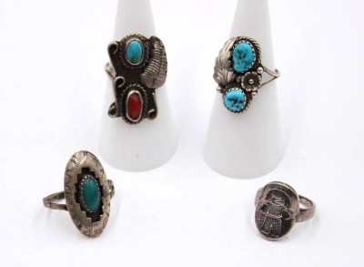 Auktion 365<br>4x div. Silber-Ringe, 3x wohl Mexico, div. Steinbesatz, zus. ca. 14,1gr., RG 47-52 [1]