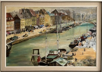 Auktion 370<br>Gerhard Fritz HENSEL (1910-1986) attrib, Hafen von  Amsterdam,  alt gerahmt, RG 133x 95 cm, (Achtung -Sperrgut) [1]