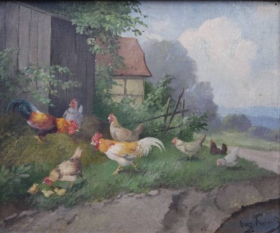 Auktion 365<br>Eugen FRANK-COLON (XIX-XX), Hühner, Öl/Hartfaser, gerahmt, RG 38 x 42,5cm [1]