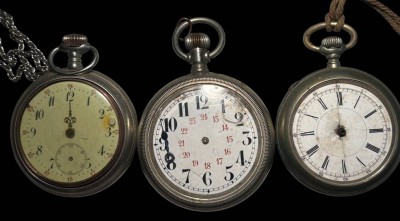 Auktion 365<br>3x mechan. HTU mit Fehlern, 1x Übergrösse (lWerk äuft), D-6 cm, andere beiden steht Werk, Zeigern lose bzw. fehlen, 1x fehlt Glas, D-5 cm [1]