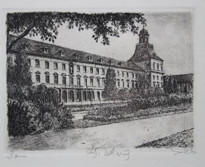 Auktion 365<br>unleserl. signiert, Ansicht Bonn, orig. Radierung, ger./Glas, RG 19,2 x 25,3cm [1]