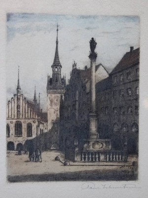 Auktion 365<br>Farbradierung, Das Alte Rathaus, München, unleserl. signiert, ger./Glas, RG 23,5 x 19,3cm [1]