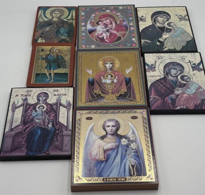 Auktion 365<br>12x Ikonen-Drucke auf Holz hpts., max. 24x18 cm, kleinste 14x9,5 cm [1]