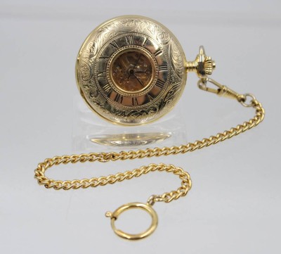 Auktion 365<br>neuzeitl. Taschenuhr, Meister Anker, goldfarben, Werk läuft, an Kette, ca. D-4,8cm [1]
