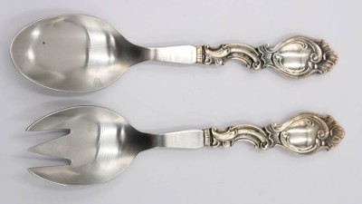 Auktion 365<br>Salatbesteck, 830er Silber-Griffe, COHR, ca. L-17,5cm [1]
