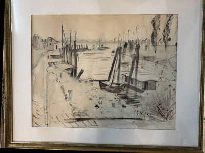 Auktion 365<br>Hafensze, Sepiazeichnung, wohl unter PP signiert, gut gerahmt, RG 58x70 cm [1]