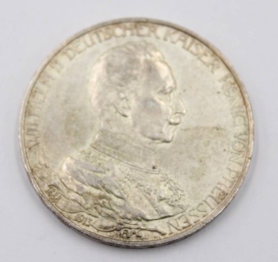 Auktion 365<br>preußische 3-Mark-Silbermünze, 1913,  anlässlich des 25-jährigen Regierungsjubiläums von Kaiser Wilhelm II., 16,69gr., D-3,3cm [1]