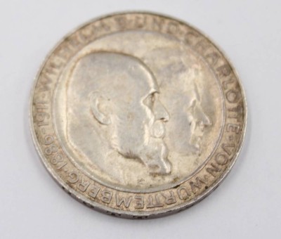 Auktion 365<br>3 Mark Stück, Silberhochzeit des Königspaares von Württemberg im Jahr 1911, 16,72gr., D-3,3cm [1]