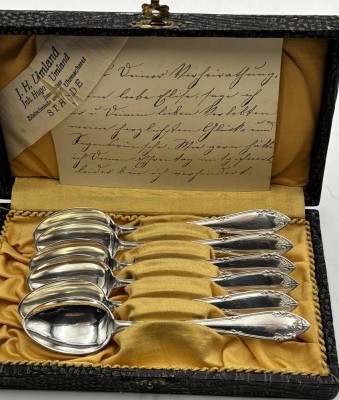 Auktion 365<br>6x Silber-800- Kaffeelöffel in Etui, L-13 cm, 61 gr [1]