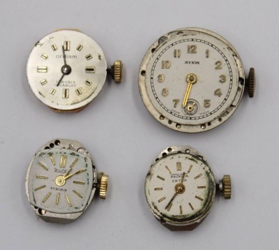 Auktion 365<br>4x div. Damen-Uhrwerke, Vintage, Ordiam, Wilki, Provita u. Avion, Werk stehen, D-1,3 bis 1,9cm [1]