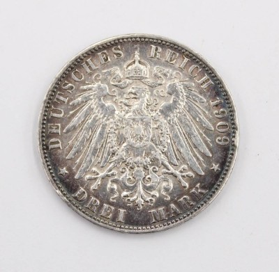 Auktion 365<br>3 Mark Hamburg 1909 J, Stadtwappen, Silber, 16,7gr., D-3,3cm [1]