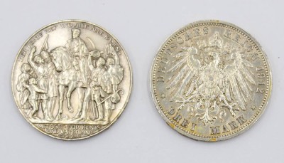 Auktion 365<br>2x div. 3 Mark Münzen, Deutsches Reich, 1912/13, Silber, zus. ca. 33,5gr., ca. D-3,3cm [1]