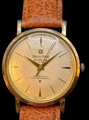 Auktion 365<br>mechan. HAU Hocks Alcis, Goldcoin, Swiss made,  21 Rubis, Lederband, Werk läuft [1]