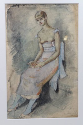 Auktion 365<br>unleserl. signiertes Aquarell von 1917, weibl. sitzender Halbakt, gerahmt/Glas, RG 70,5 x 54cm, Blatt mit Läsuren [1]