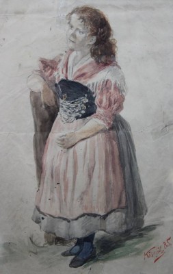 Auktion 365<br>Rudolf KÖSELITZ (1861-1949) , Dame in Tracht, datiert (18)85, Aquarell, Blatt mit Läsuren, ger./Glas, RG 42,8 x 32,3cm [1]