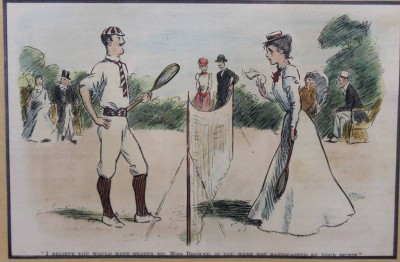 Auktion 365<br>engl. Karikatur-Druck, älter, Tennis, ger./Glas, RG 29,2 x 33cm [1]