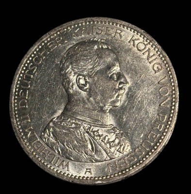 Auktion 365<br>5 Mark, 1913 A, Wilhelm II, Preussen, D-4 cm, 27,8 gr [1]