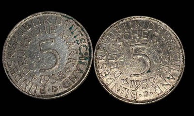 Auktion 365<br>2x 5 D-Mark Kursmünzen, 1958-D-, 1959-J-, grosser Adler, Silber [1]