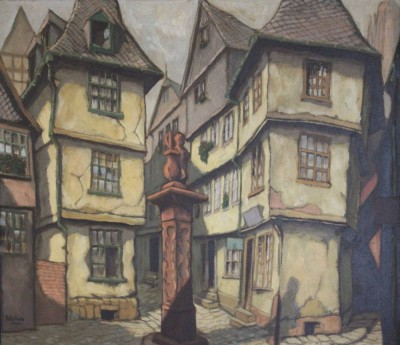 Auktion 365<br>Fritz Bode 1920, Hausansicht, Öl/Leinwand, gerahmt, RG 72,5 x 81cm, Sperrgutversand! [1]