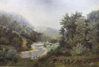 Auktion 365<br>unleserl.signiert, Düsseldorf 1898, Landschaft mit Person, Öl/Leinwand, gerahmt, RG 54 x 72cm [1]