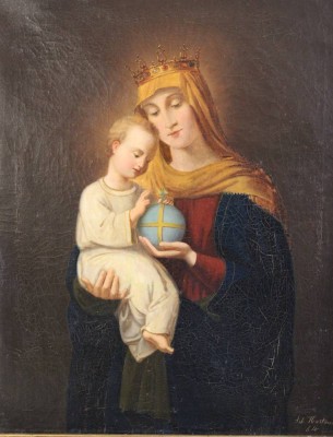 Auktion 365<br>Seb. Hartmann '64, Maria mit Kind, Öl/Leinwand, div. hinterlegte Stellen, gerahmt, RG 86,5 x 71,5cm, Sperrgutversand! [1]