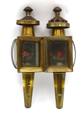 Auktion 365<br>2x Messing-Wagenlampen, Petroleum, H-36 cm, Gebrauchsspuren [1]